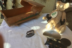 Childrens Toys: Wood Doll Cradle, Stuffed Green Mountain Bear, Weighing Scale, Clothes Iron