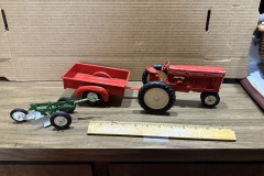 Tru-Scale Red Toy Tractor with Cart/Wagon and Green Harrow/Plow