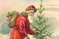 Christmas Postcard Santa with Cutting Down Tree