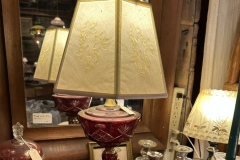Etched Cranberry Glass Oil Table Lamp with Pierced Lamp Shade