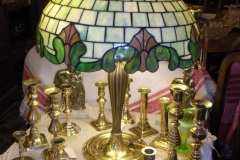 Brass lamp with leaded glass shade