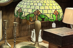 Solid Brass Base Table Lamp with Green Leaded glass Shade