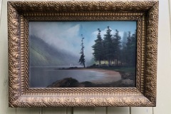 Painting of Water Mountains and Sailboats